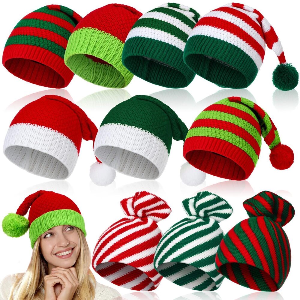 3885 10 Pcs Christmas Elf Hat Knitted Santa Hats Bulk Adult Crochet Beanies